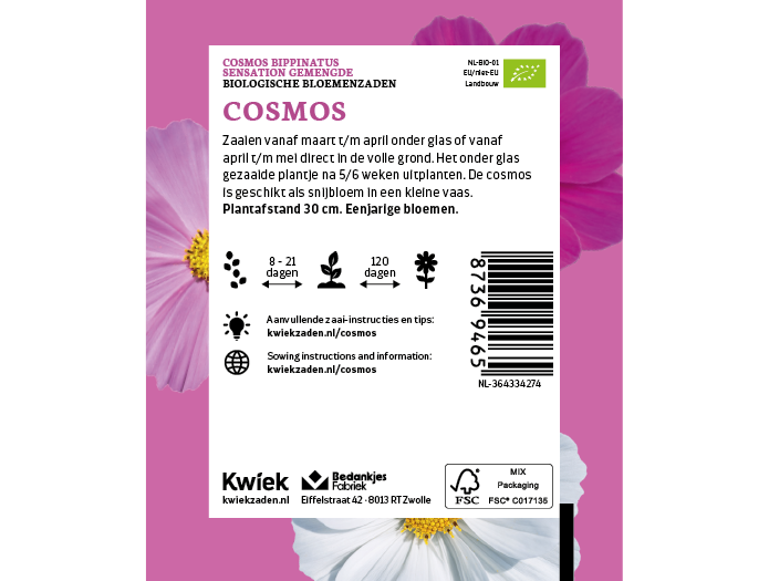 Biologische Cosmos zaden -  Kwiek Uitdeel zakjes (UITVERKOCHT), afbeelding 2 van 3