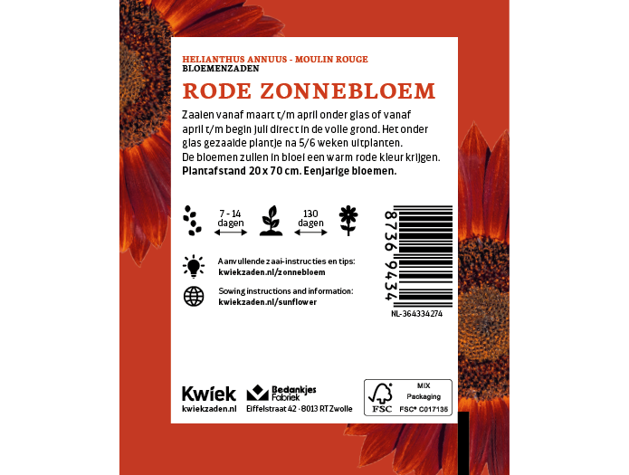 Rode zonnebloem zaden -  Kwiek Uitdeel zakjes (UITVERKOCHT), afbeelding 3 van 3