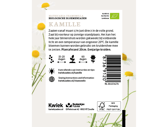 Biologische Kamille zaden -  Kwiek Uitdeel zakjes (UITVERKOCHT), afbeelding 3 van 3