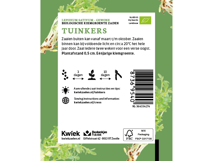 Biologische tuinkers zaden - Kwiek Uitdeel zakjes, afbeelding 2 van 3