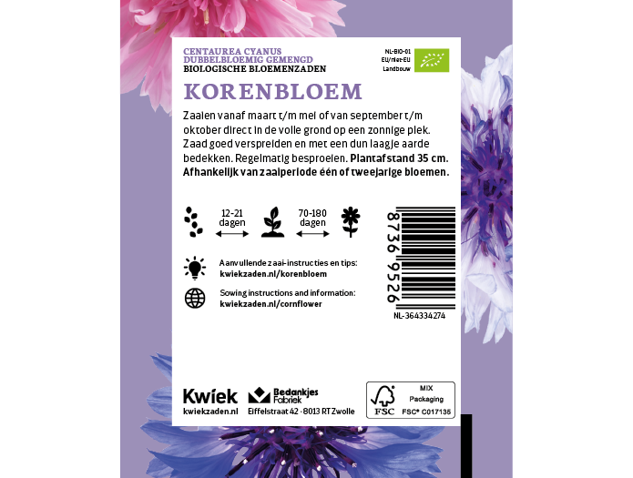 Biologische Korenbloem zaden - Kwiek Uitdeel zakjes, afbeelding 2 van 3