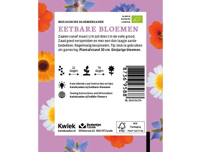 Biologische Eetbare bloemen zaden - Kwiek Uitdeel zakjes, afbeelding 2 van 3