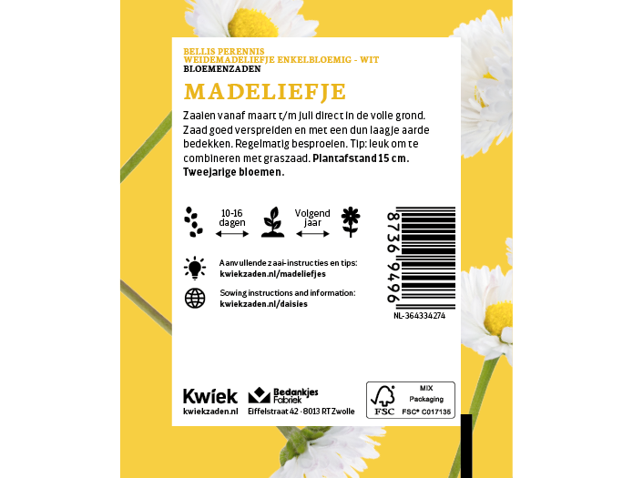 Madelief zaden -  Kwiek Uitdeel zakjes, afbeelding 2 van 3