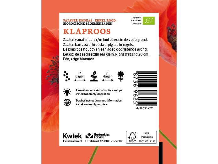 Biologische klaproos zaden -  Kwiek Uitdeel zakjes, afbeelding 2 van 3